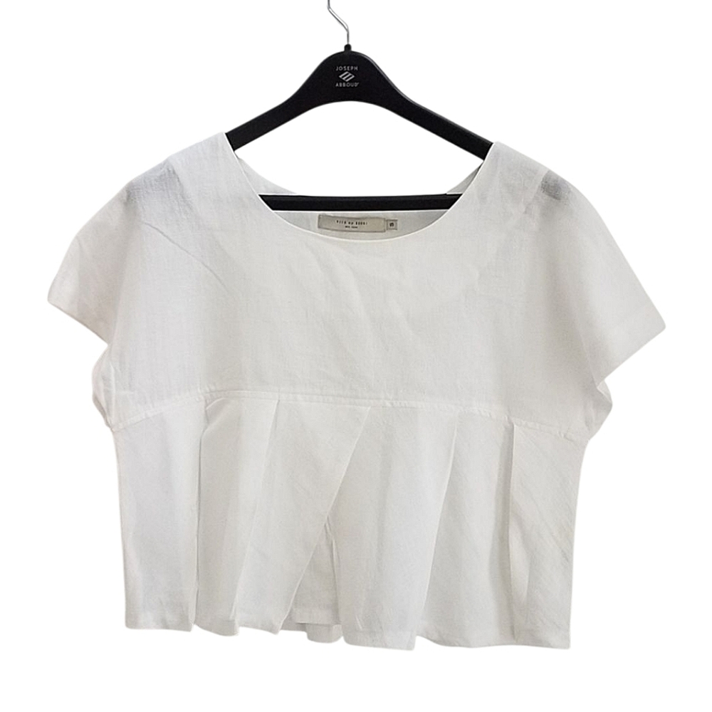 7115 by Szeki White Pleated Crop Top Linen-Cotton Blend Peplum Minimalist Blouse - Picture 2 of 9